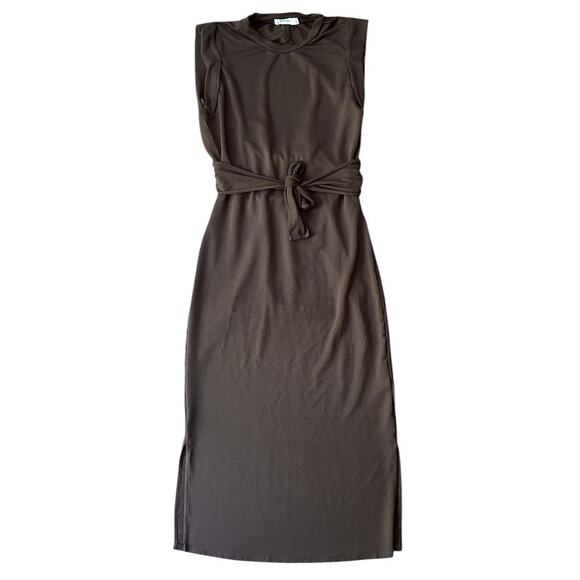 Mod Ref Sleeveless, Open Back Wrap Tie Waist Brown Knit Maxi Dress Small - Picture 1 of 7